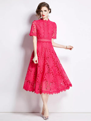 Pink lace midi dress with delicate sleeves and a-line skirt.