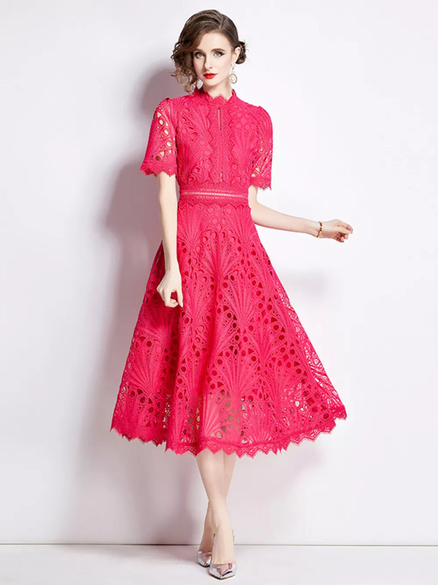 Pink lace midi dress with delicate sleeves and a-line skirt.