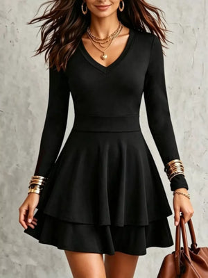 mini dress in black featuring tiered and fit-and-flare fit