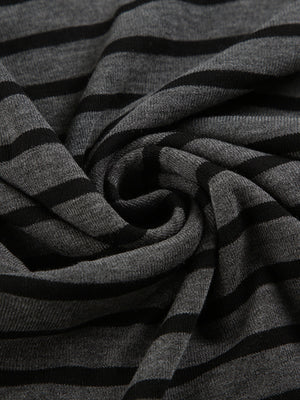 Stretchy boat neck t-shirt in grey and black horizontal stripes