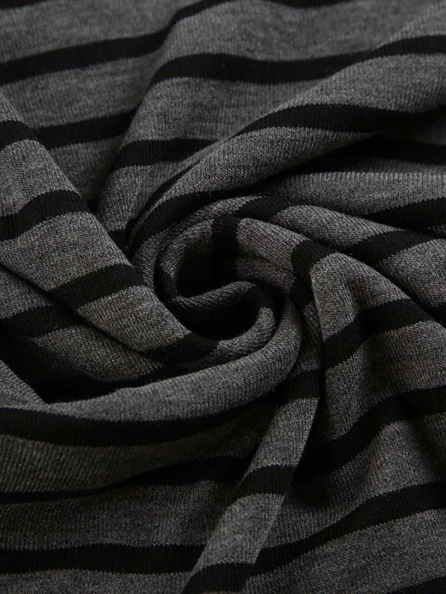 Stretchy boat neck t-shirt in grey and black horizontal stripes