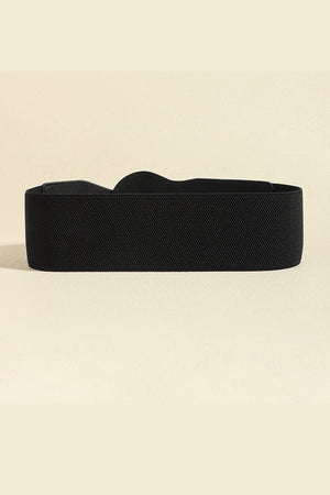 Black elastic waist belt with a sculpted shape and gold buckle detail.