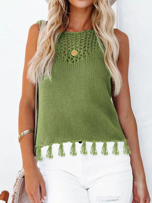 Green knit sleeveless tank top with crochet neckline and tassel hem