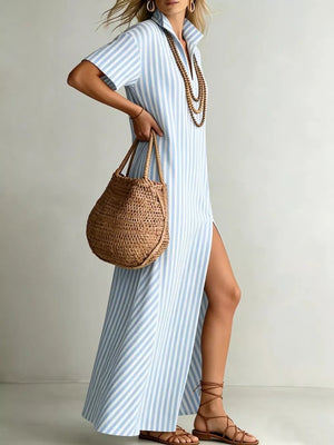 Sky blue striped maxi shirt dress with short sleeves and a high slit.