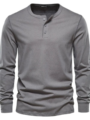 Gray long sleeve Henley knit t-shirt with button placket and crew neck.