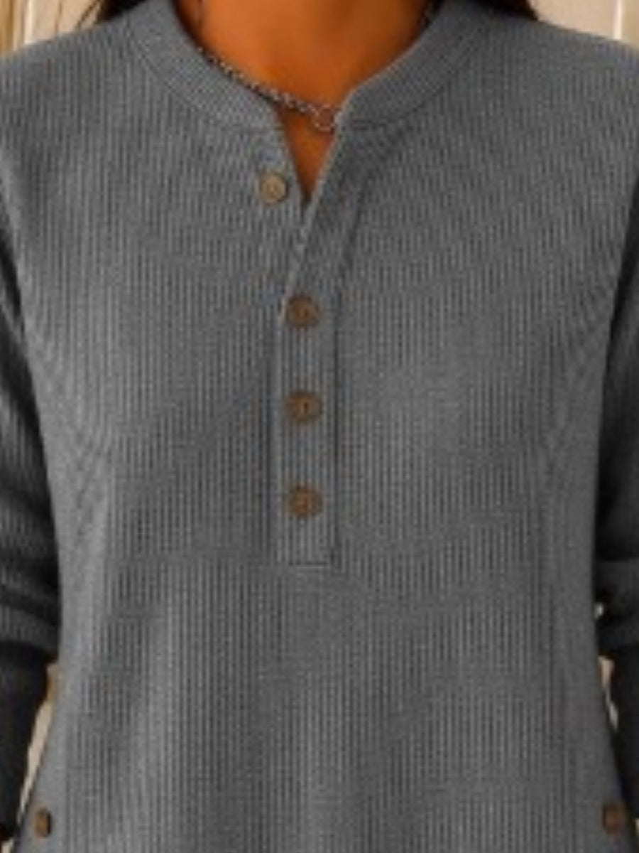 100% polyester Care instructions: Machine wash cold henley in Dark Purple with relaxed silhouette