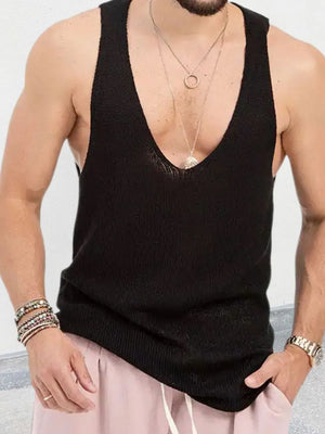 Black knit tank top with deep V-neck, worn by a man with jewelry.