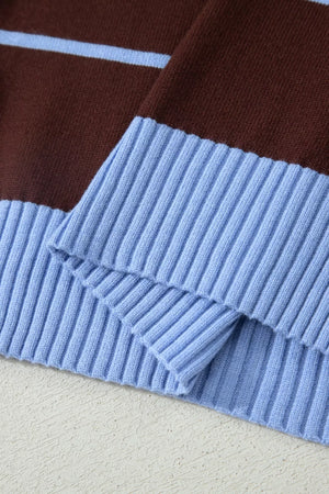 Chic striped knit sweater in brown and light blue with ribbed details and crew neck.