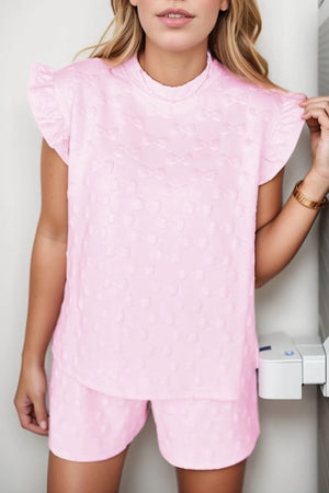 Blush Pink Embossed Bow Ruffle Sleeve Lounge Set