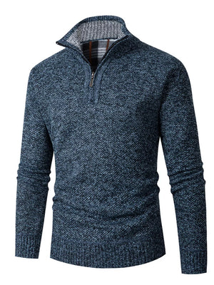 teal blue zip-up sweater with textured and stand collar