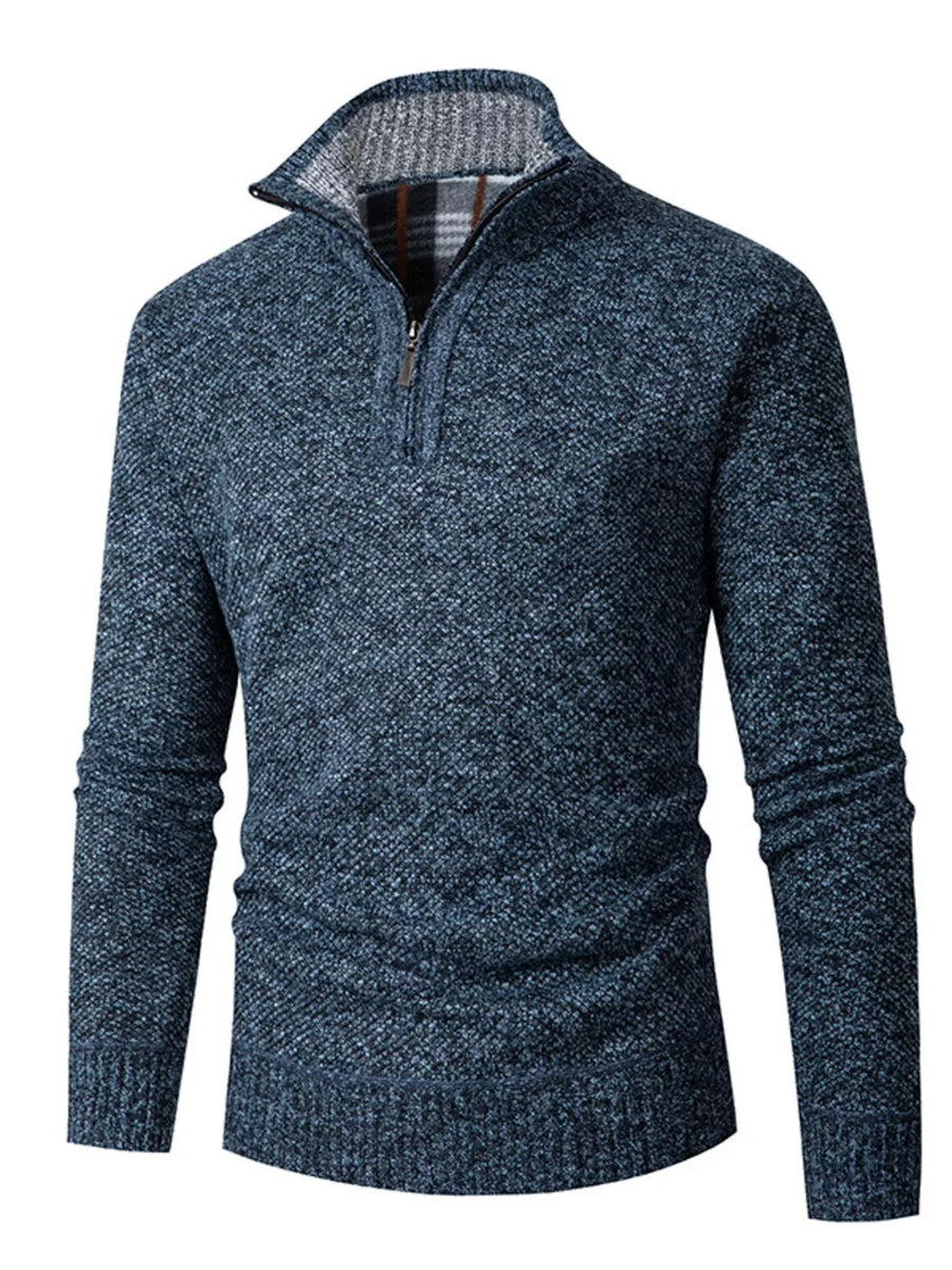 teal blue zip-up sweater with textured and stand collar