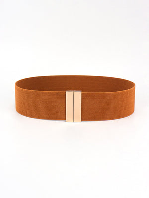 Wide elastic belt in Ochre with a gold clasp closure.