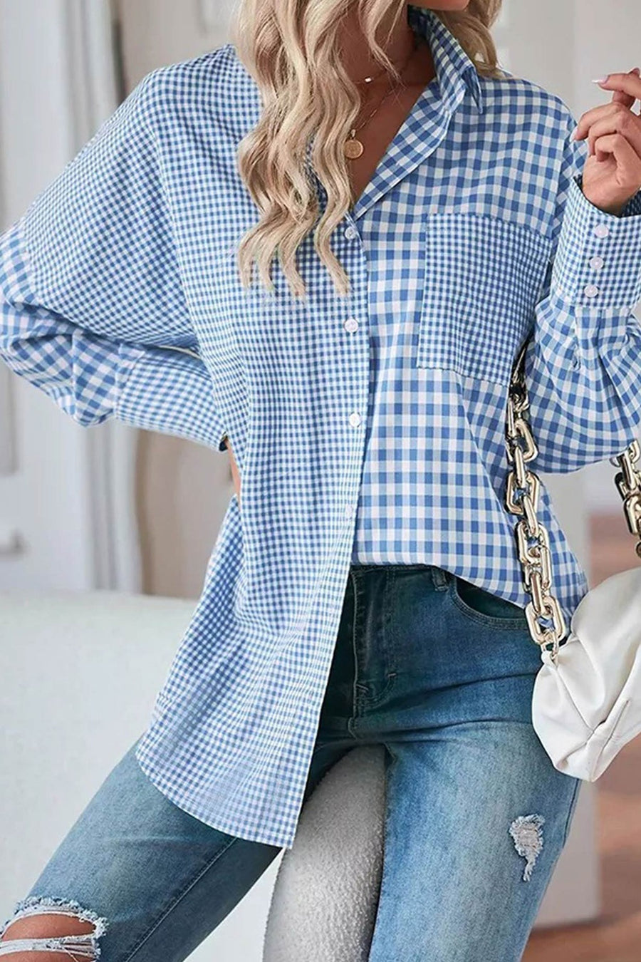 Light blue gingham oversized shirt with patch pocket and button front.