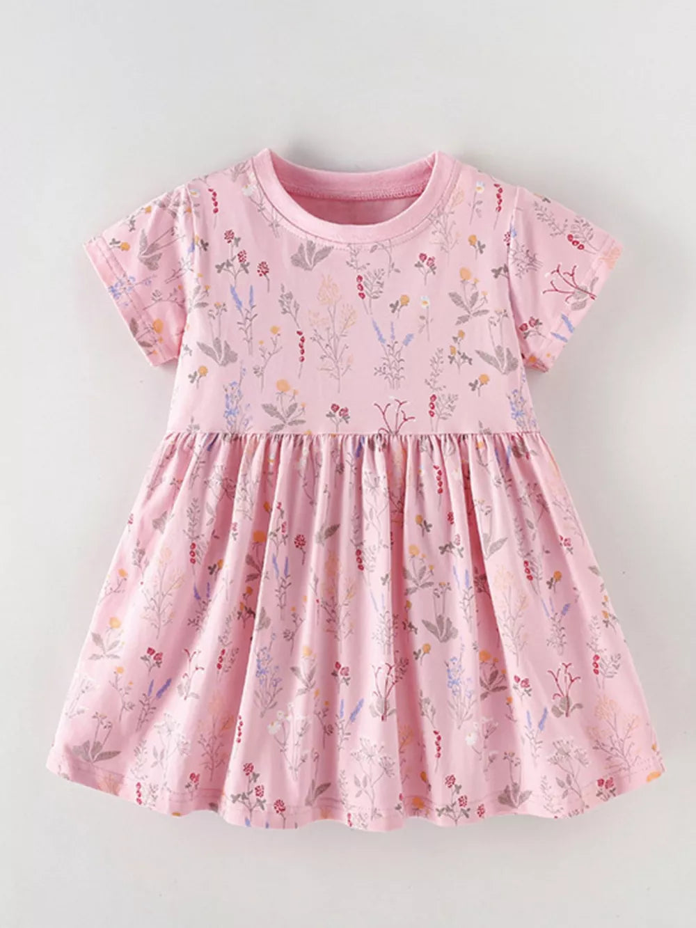 Children's pink floral print a-line dress with short sleeves and gathered waist