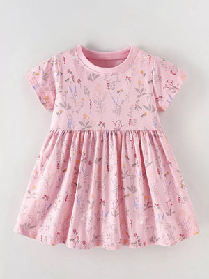 Children's pink floral print a-line dress with short sleeves and gathered waist