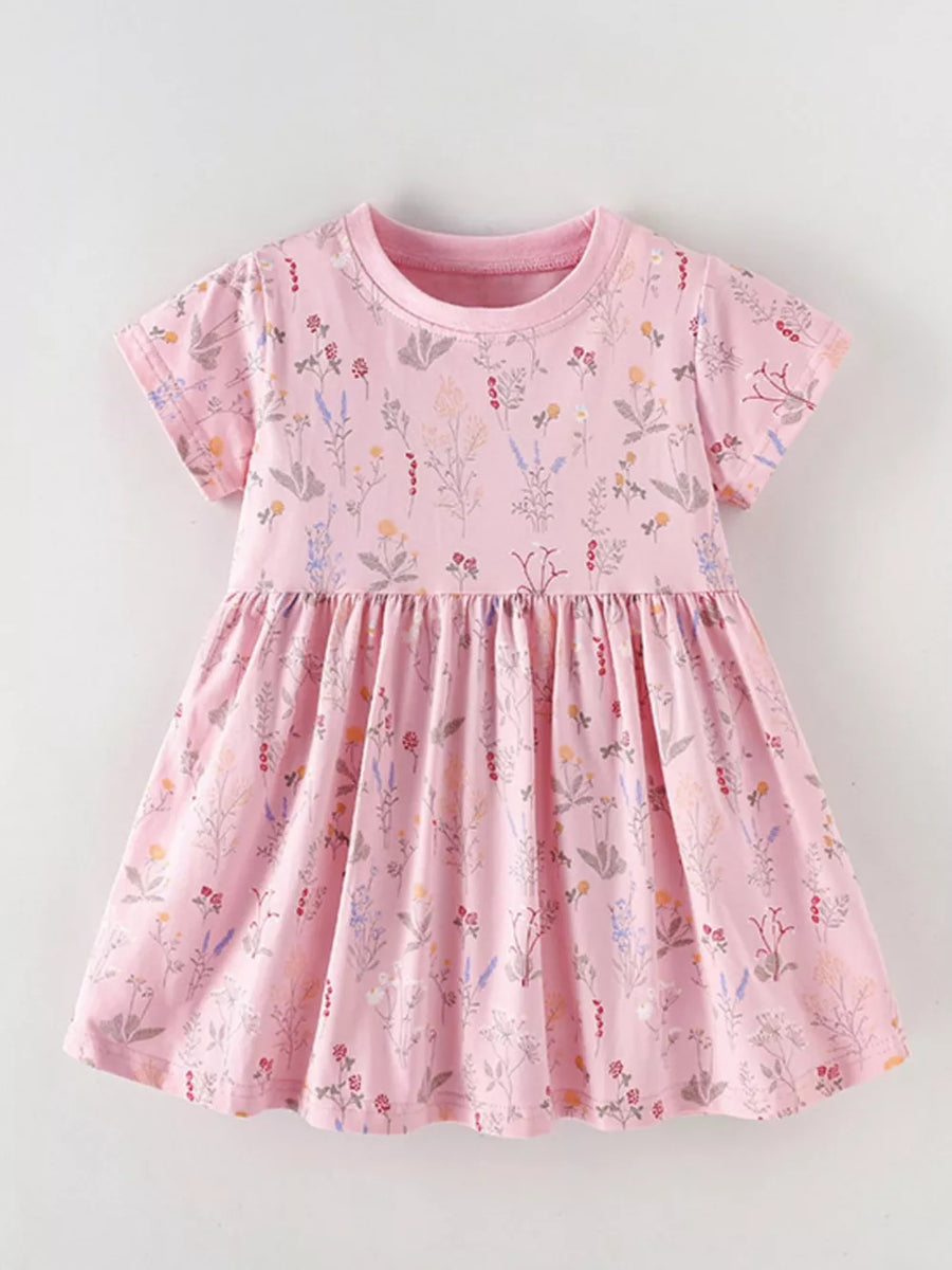 Children's pink floral print a-line dress with short sleeves and gathered waist