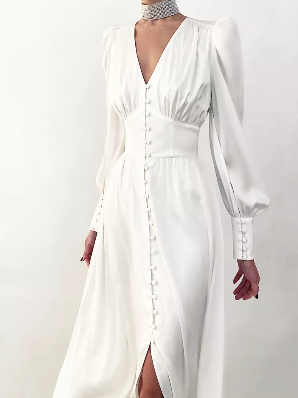 Beige Elegant V-neck Puff Sleeve Button-down Midi Dress