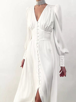 Beige Elegant V-neck Puff Sleeve Button-down Midi Dress