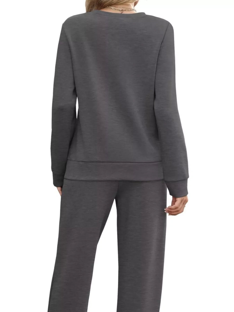Gray casual long-sleeve top and wide-leg pants set with drawstring waist