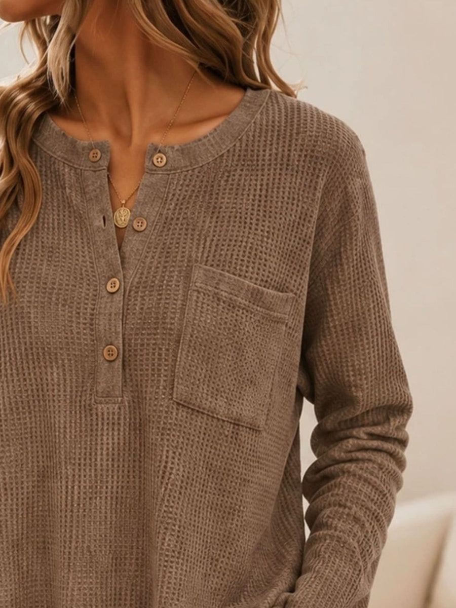 oatmeal henley with buttoned and long sleeve