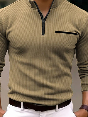 Khaki ribbed quarter-zip sweatshirt with black zipper detail and chest pocket.