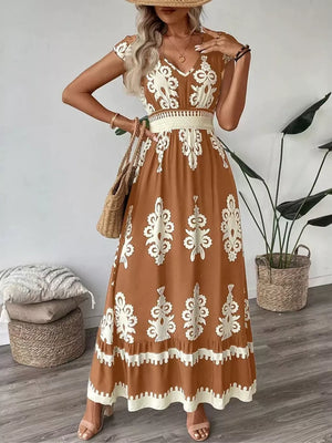 Ruffled Printed V-neck Maxi Dress in Caramel