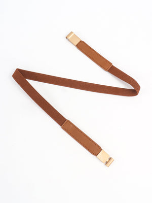 Caramel elasticated belt with leather detail and gold buckle