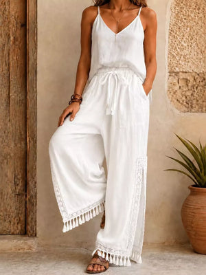 Black wide-leg pants with full-length and drawstring