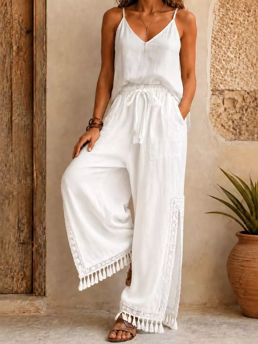 Black wide-leg pants with full-length and drawstring