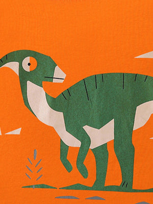 Orange cotton crew neck t-shirt with a green dinosaur graphic and abstract shapes.