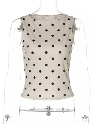 Chic polka dot tank top in khaki with a boat neck and cropped fit.