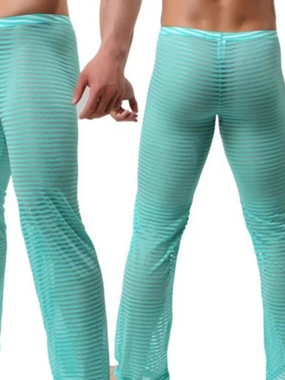 Turquoise sheer flare trousers with horizontal stripes, a comfortable casual style.