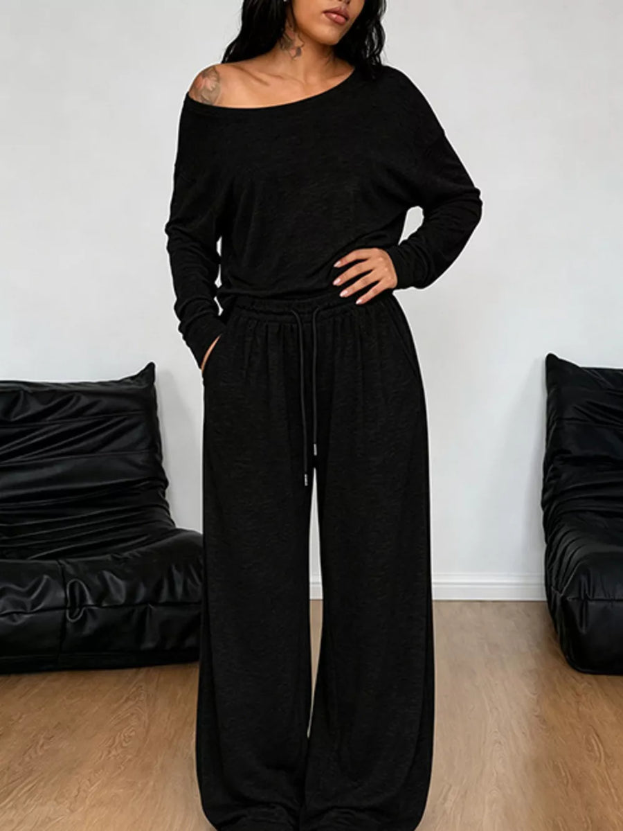 One-shoulder Top And Drawstring Pants Set Plus Size in Apricot, view 18