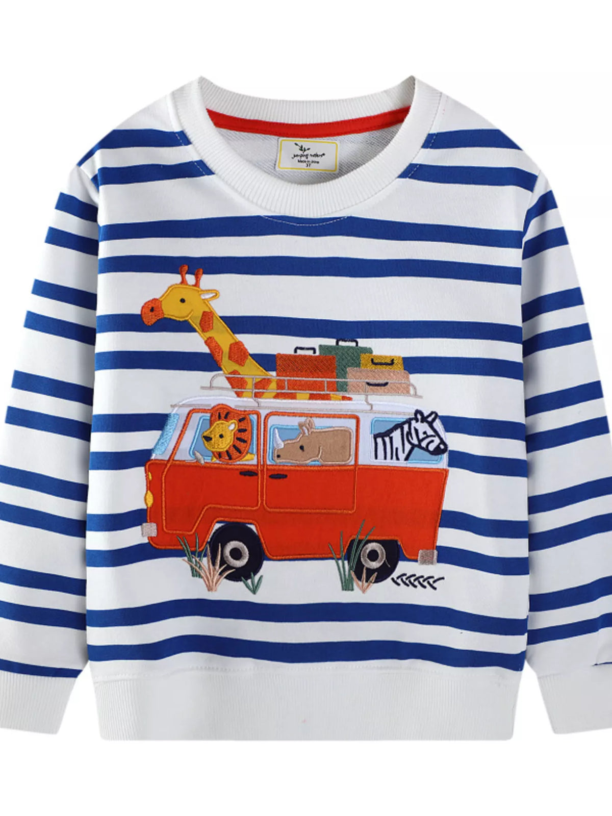 White striped baby sweatshirt with animal adventure van embroidery