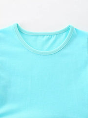 Baby blue cotton blend dress with round neckline and contrast trim.