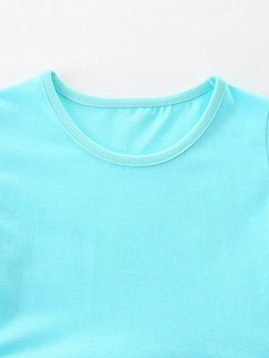 Baby blue cotton blend dress with round neckline and contrast trim.