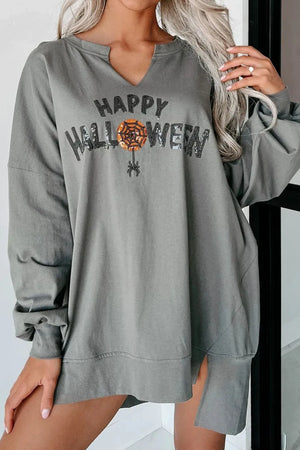 Gray graphic slit hem sweatshirt with Happy Halloween text and spiderweb detail.