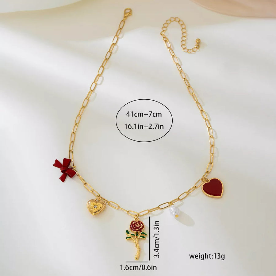 necklace in red with charm necklace and collar