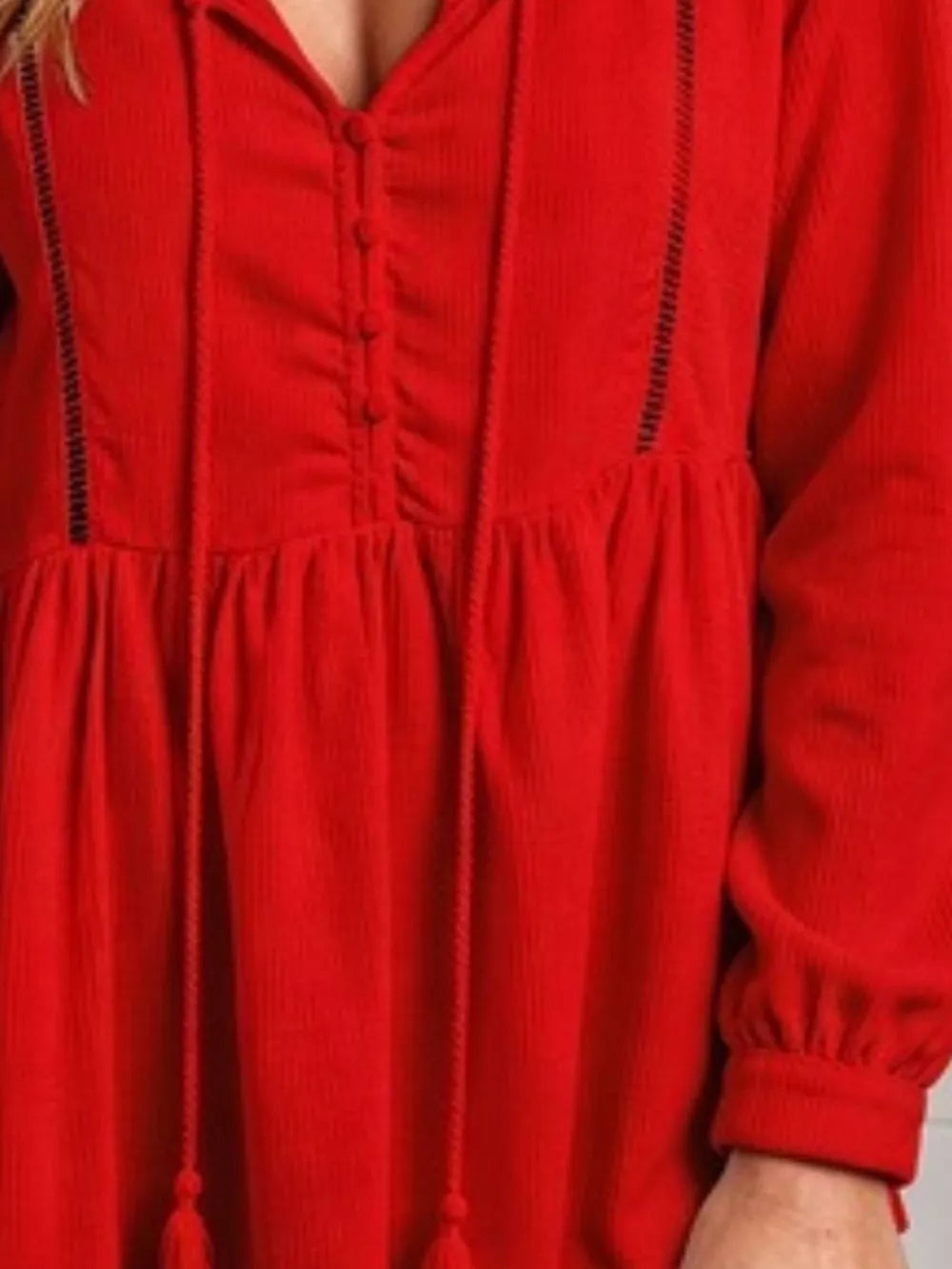 Tassel Drawstring Long Sleeve Peplum Top in Red with waffle-knit