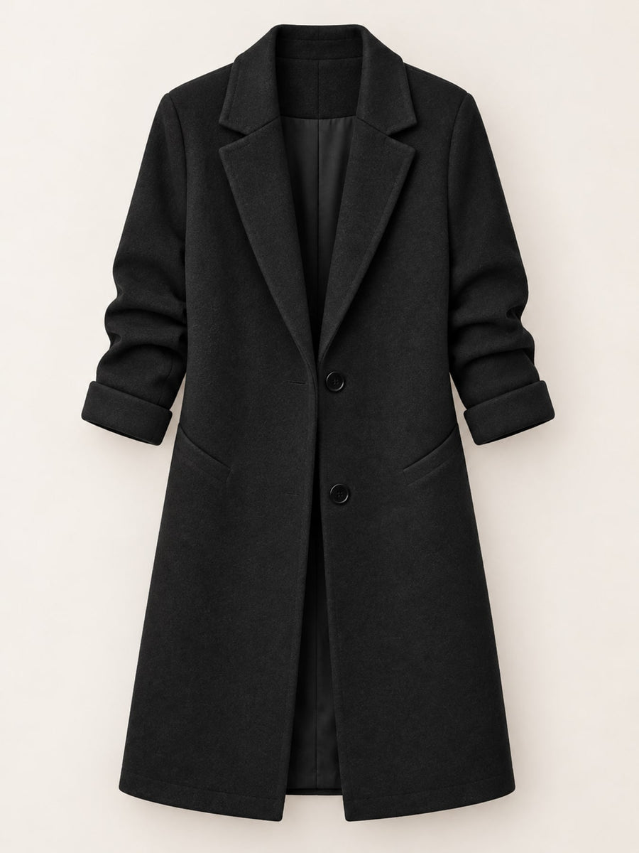 Black overcoat with thigh-length and button-front