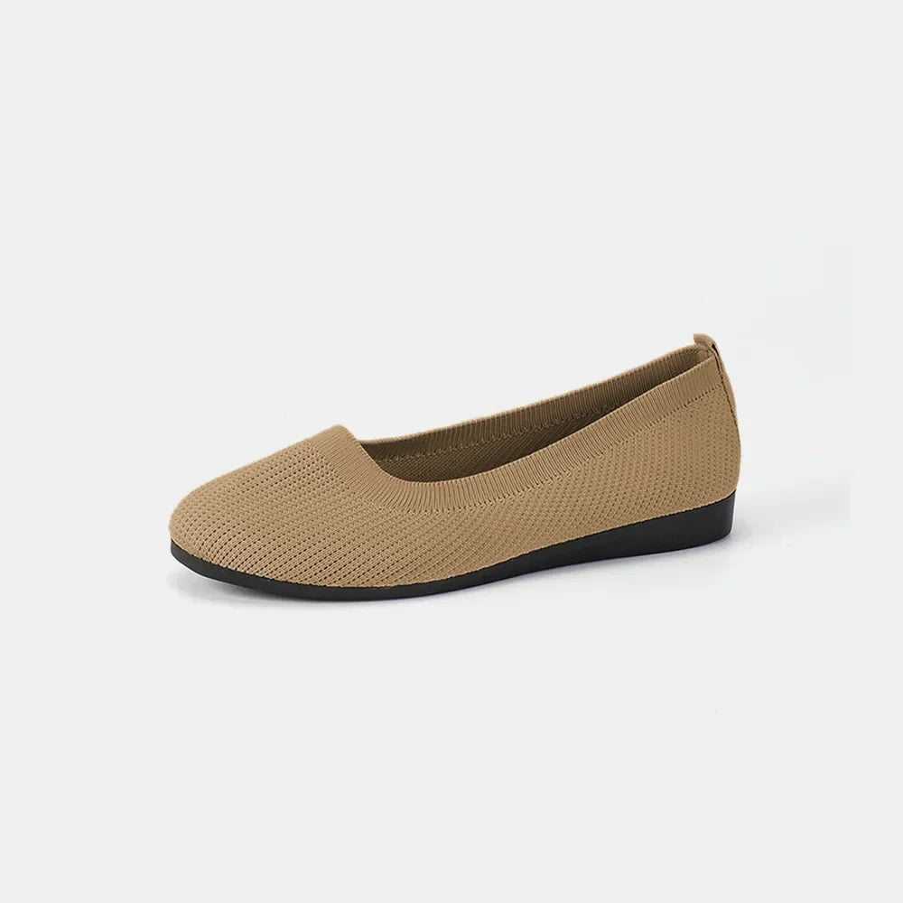 Khaki textured knit slip-on flats with a round toe and black sole.