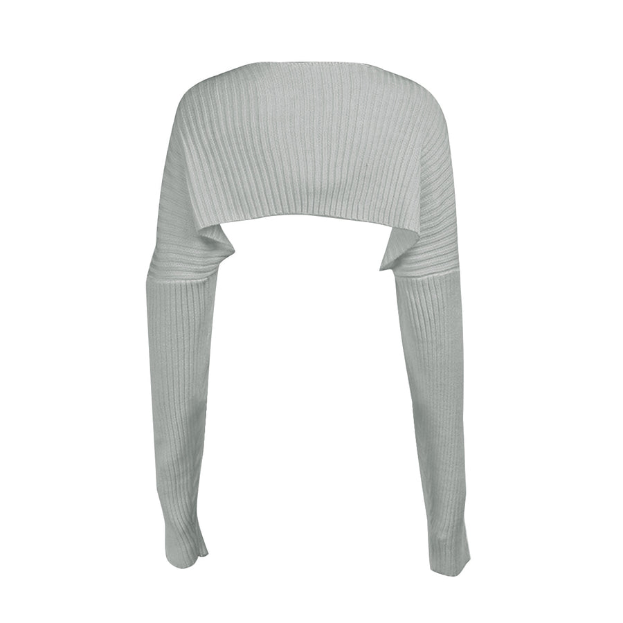 Light gray ribbed knit sleeve shrug with long sleeves and a cropped bolero style.