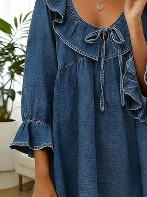medium wash denim A-line blouse with v-neck