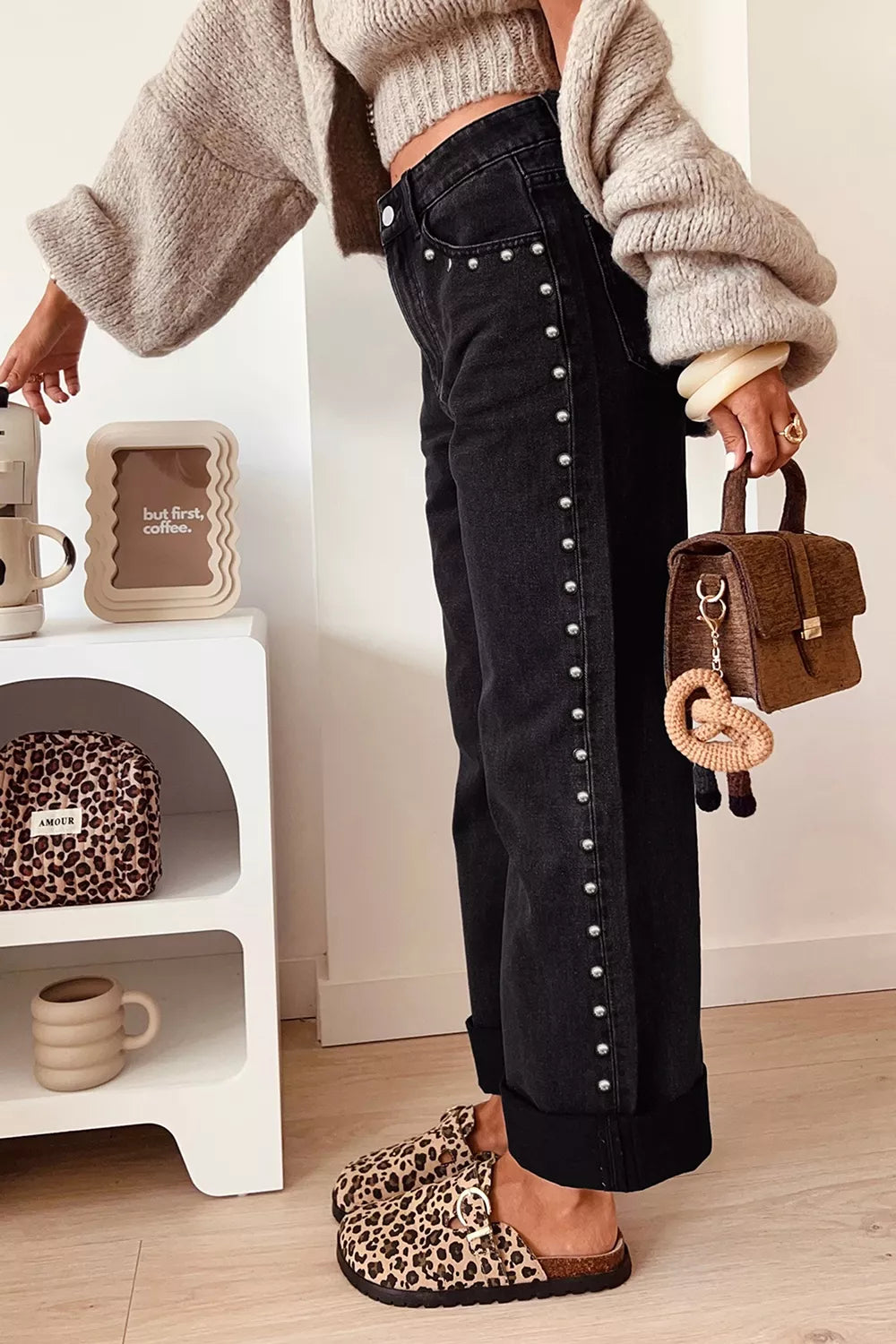 straight jeans in Black with studded detail and ankle-length