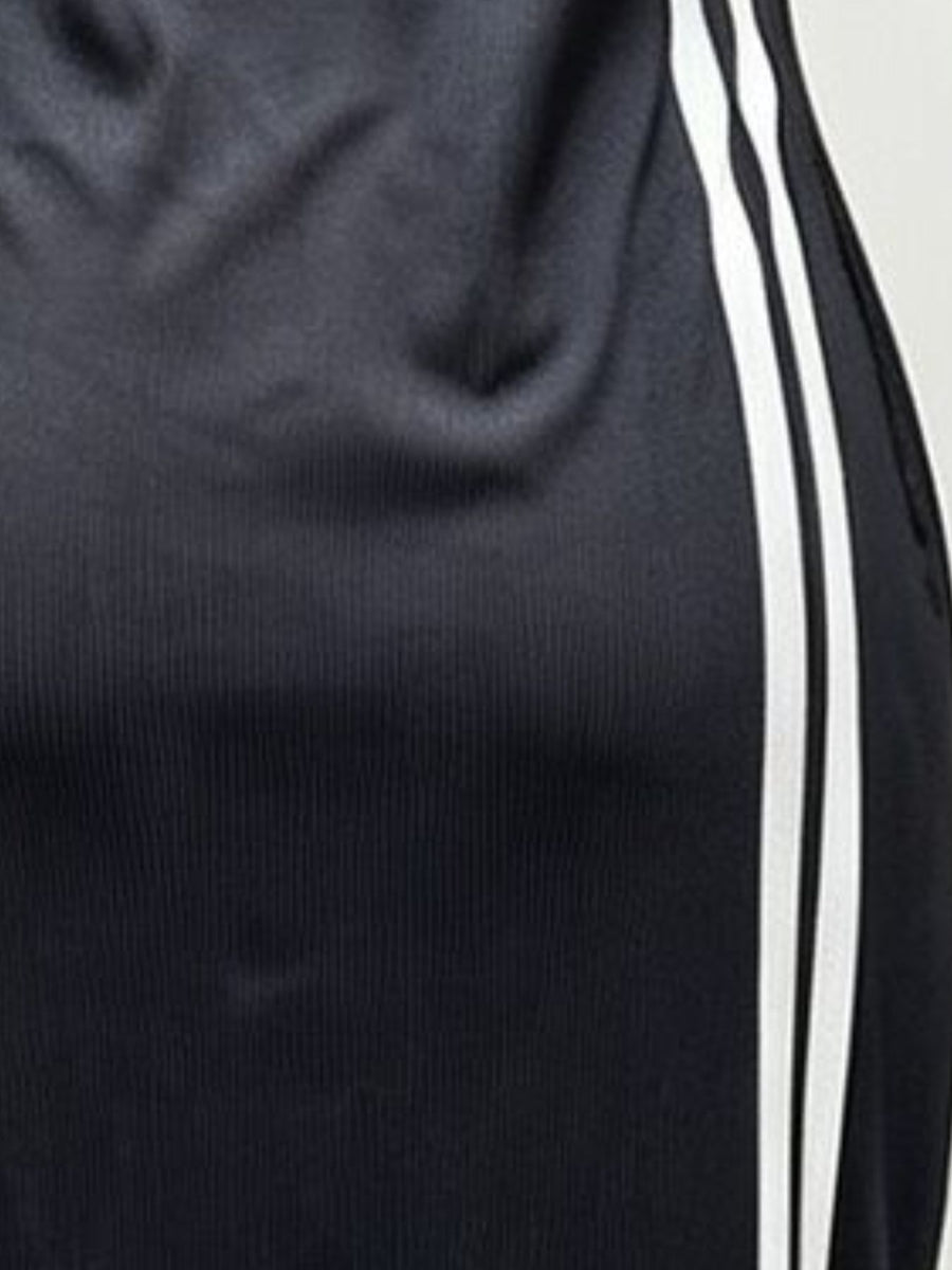 midi dress in gray with striped and seam detail