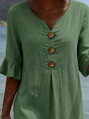 Full Size Casual Button Midi Dress With Ruffle Sleeves in Khaki
