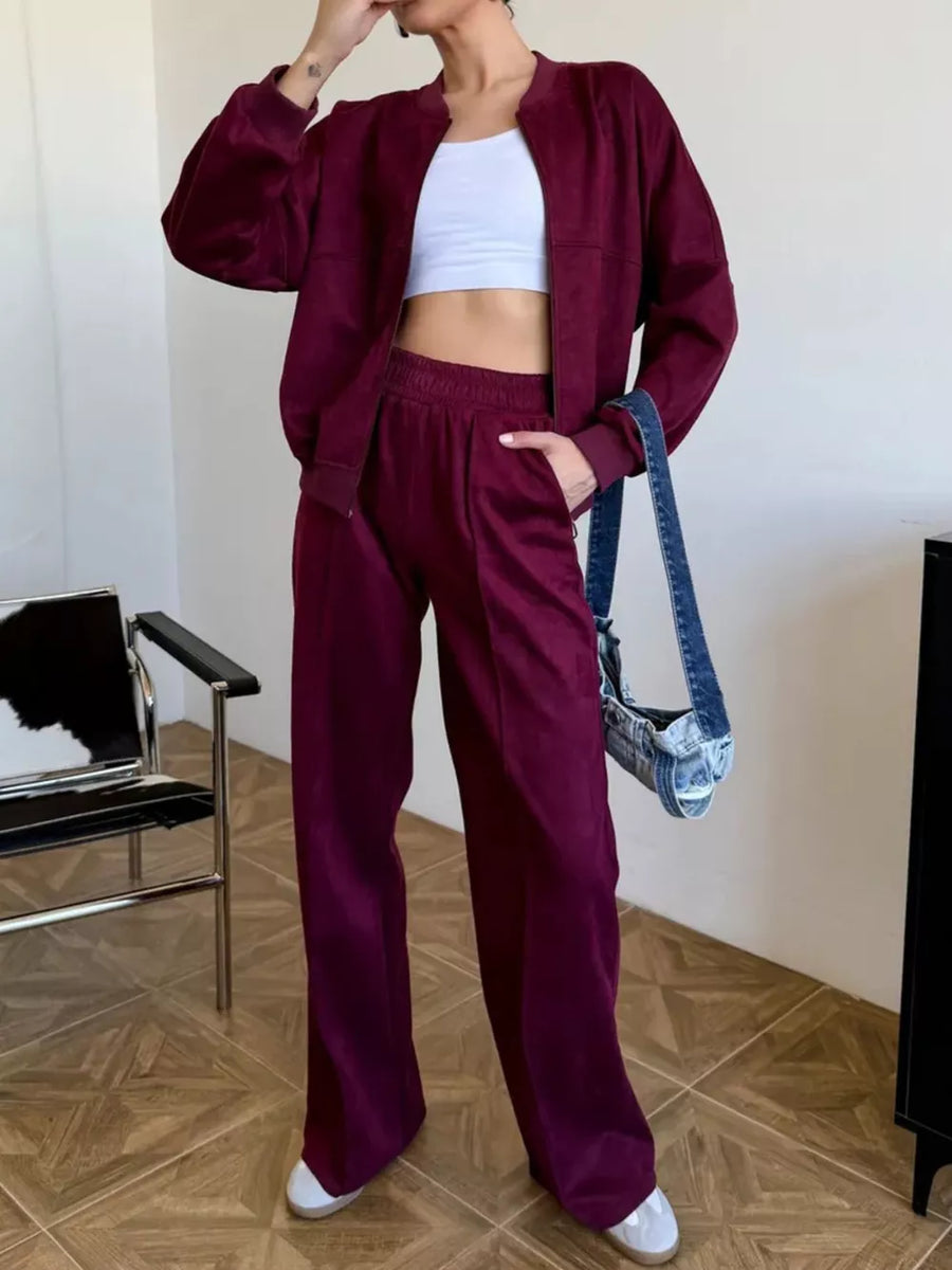athleisure lounge set in Wine Red with crew neck