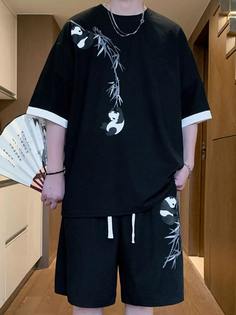Men's Full Size Panda Bamboo Print Tee And Shorts Set in White