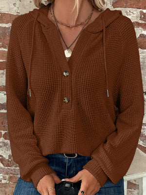 Beige with Waffle Knit Hooded Top With Drawstring in Beige