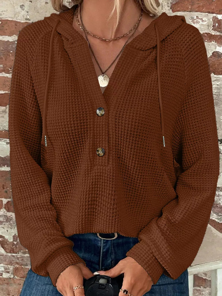 Beige with Waffle Knit Hooded Top With Drawstring in Beige